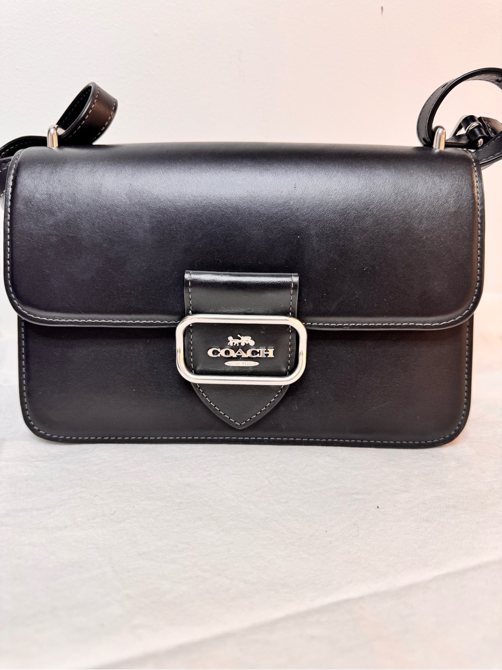 Coach Black Leather Buckle-Front Crossbody Bag